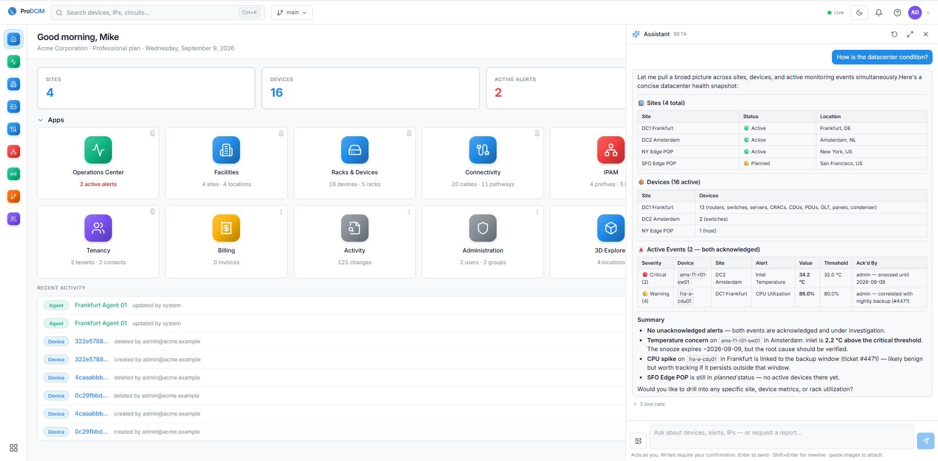 ProDCIM Assistant panel answering a question about datacenter condition, returning tables of sites, device counts per site, and two acknowledged active events including an inlet temperature alarm and a CPU utilization warning